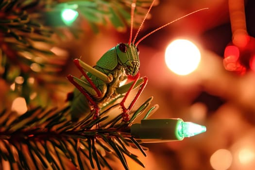 A grasshopper perches on a Christmas tree branch adorned with colorful lights creating a festive nighttime atmosphere.