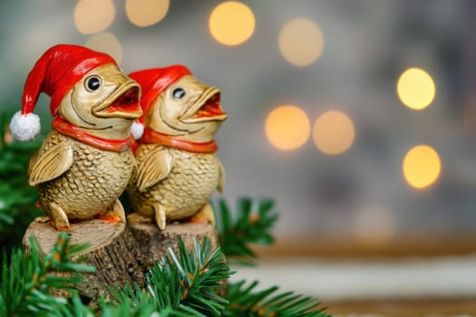 Two charming decorative ducks wearing Santa hats sit on a log amidst a holiday backdrop with shimmering lights.