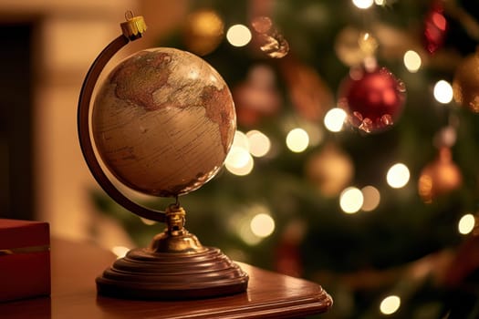 A beautifully crafted globe sits on a table next to a festive Christmas tree adorned with lights and ornaments creating a cozy atmosphere.