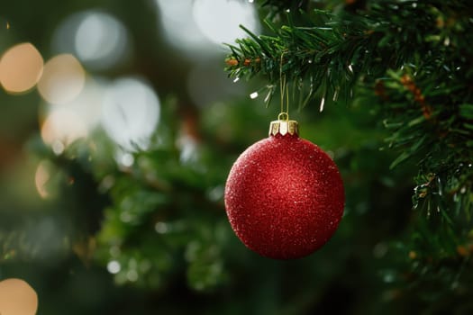 A red glittering ornament dangles from a green Christmas tree capturing the holiday spirit with warm bokeh lights in the background.