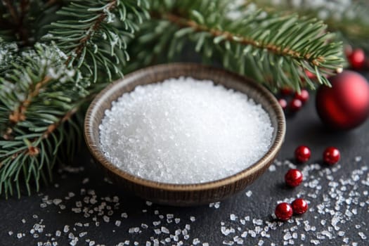 A small brown bowl filled with white sugar sits among festive pine branches and red ornaments creating a cozy holiday atmosphere.