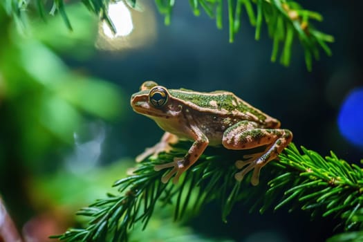 A green frog rests on a pine branch blending into its natural environment among lush greenery highlighting its vibrant colors.
