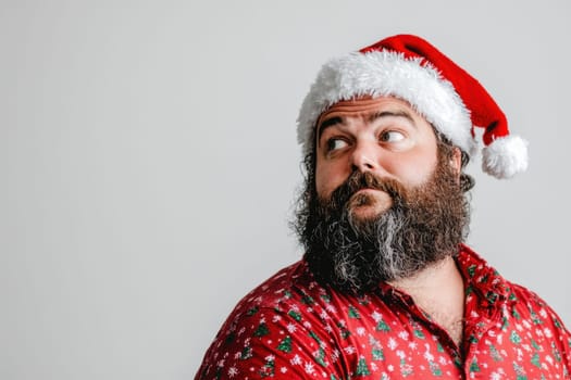 A man with a thick beard is wearing a Santa hat and a festive shirt looking joyfully to the side embodying the holiday spirit.