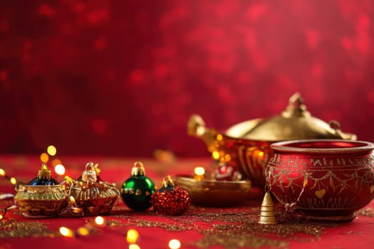 Colorful pots and ornaments are arranged on a red table illuminated by twinkling lights creating a festive atmosphere.