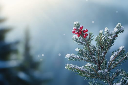 A pine branch draped in snow features vibrant red berries creating a striking winter scene set in a serene forest background.