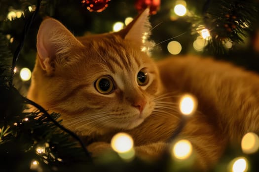 An orange cat relaxes in a Christmas tree surrounded by glowing lights capturing the cozy winter ambiance of the holiday season.