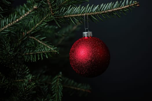 A vibrant red ornament covered in glitter hangs gracefully from a Christmas tree branch against a dark background evoking holiday cheer.
