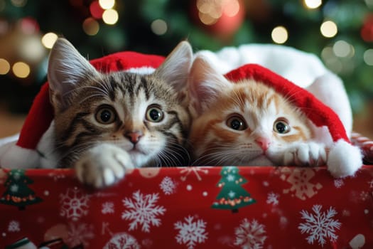 Two adorable kittens wearing Santa hats peek out from a decorated Christmas box surrounded by cheerful holiday lights.