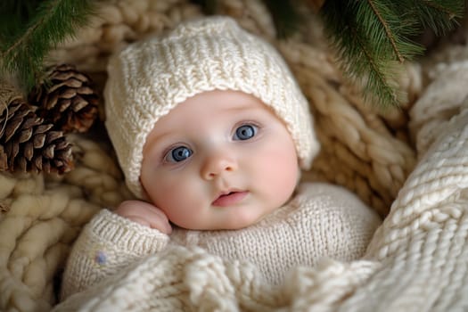 A baby with large blue eyes is wrapped in soft knitting surrounded by pinecones and greenery evoking a warm serene atmosphere.