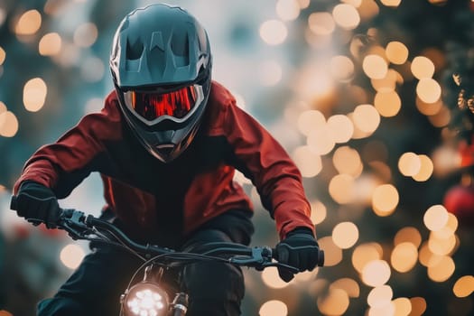 A biker in a helmet speeds through a vibrant scene filled with holiday lights showcasing an adventurous spirit during the festive season.