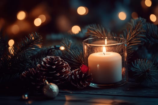 A lit candle rests on a wooden surface surrounded by pinecones and evergreen branches evoking a cozy winter atmosphere.