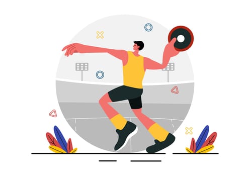 Discus Throw Athletics Vector Illustration featuring an Athlete Throwing a Wooden Disc in a Sports Championship with a Flat Style Cartoon Background