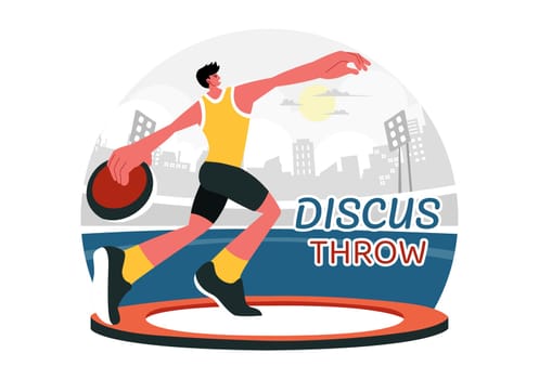 Discus Throw Athletics Vector Illustration featuring an Athlete Throwing a Wooden Disc in a Sports Championship with a Flat Style Cartoon Background