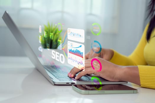 SEO, Marketing planning, Woman use search engine to Searching for information, Businesswoman Search On Virtual Screen Data Search Technology Search Engine Optimization, Using web Console for data.