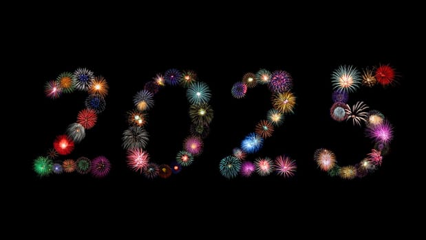 Numbers of 2025 made of colorful fireworks in Arabic numerals for new year celebration concept