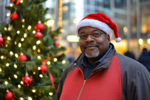 A man wearing a Santa hat smiles beside a beautifully decorated Christmas tree with lights and ornaments in a festive setting.