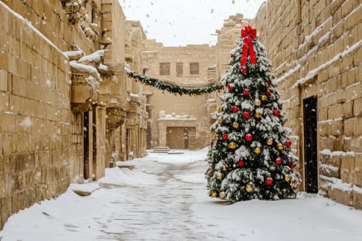 A beautifully decorated Christmas tree stands in a snowy ancient street lined with stone buildings capturing a festive winter atmosphere.