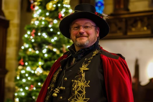 A man dressed in traditional Victorian clothing stands proudly beside a beautifully decorated Christmas tree showcasing holiday spirit.