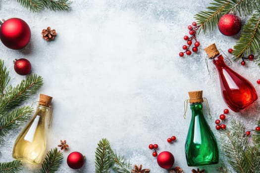 A festive display of colorful glass bottles pine branches red ornaments and berries ideal for holiday celebrations.