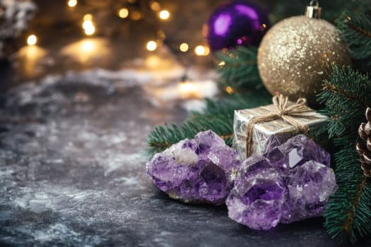 Purple crystals and gold ornaments are arranged on a festive surface surrounded by pine branches and holiday lights creating a cozy atmosphere.