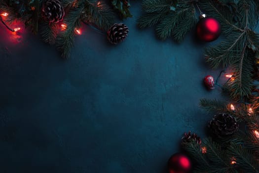 A beautiful arrangement of pine branches ornaments and lights creates a festive atmosphere perfect for seasonal celebrations.
