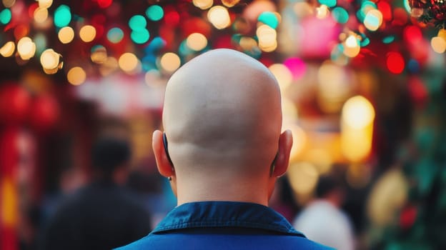 A bald man stands in a bustling market admiring vibrant lights during the festive season while surrounded by a crowd.