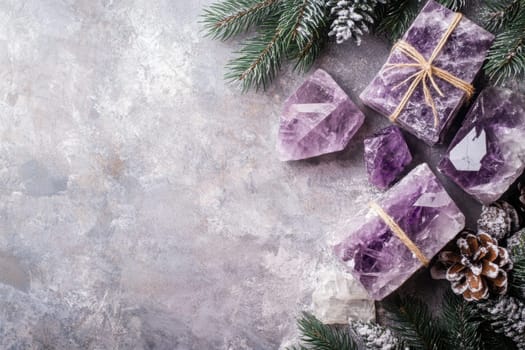 A collection of purple amethyst crystals surrounded by pine branches and holiday decorations creating a serene winter atmosphere.