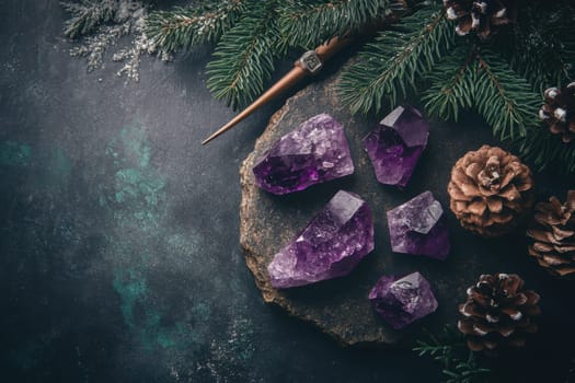 Amethyst crystals are beautifully displayed on a dark stone surrounded by pine cones and evergreen branches evoking a natural winter atmosphere.