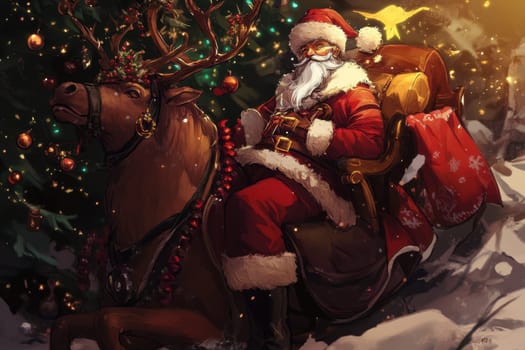 A jolly Santa Claus on a reindeer surrounded by festive decorations and a wintery scene bringing holiday cheer.
