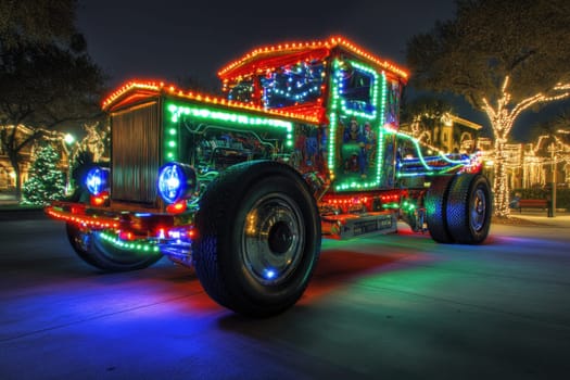 A brightly lit vintage truck showcases colorful Christmas decorations surrounded by twinkling lights in a festive atmosphere at night.