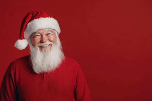 A joyful man dressed as Santa Claus with a red hat and sweater smiles warmly. The bright red background adds to the festive spirit.