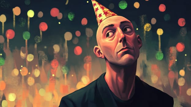 A bald man with a party hat looks contemplatively while colorful lights create a festive atmosphere around him.