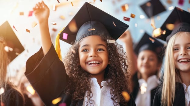 A happy young girl in a graduation cap raises her hand surrounded by fellow graduates celebrating with confetti and smiles.