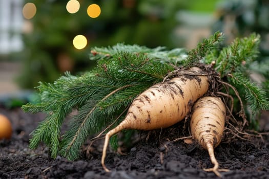 Two large root vegetables surrounded by soil emerge with evergreen branches showcasing a bountiful harvest ready for use.