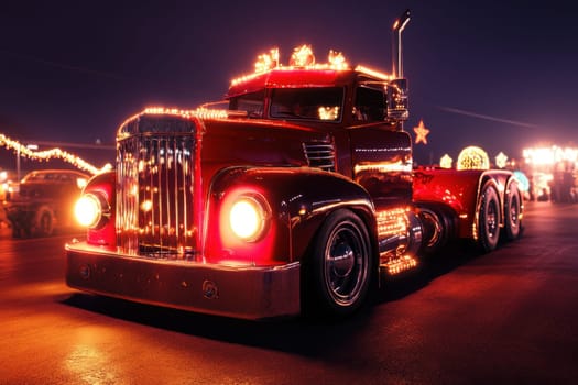 A red truck illuminated with vibrant lights is parked amid a festive atmosphere at night showcasing holiday decorations and cheer.