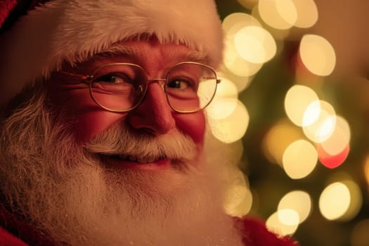 A joyful Santa Claus with a white beard and glasses sits in front of a beautifully lit Christmas tree spreading festive cheer.