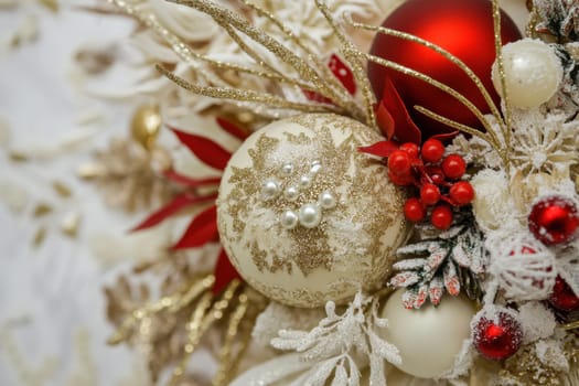 A close up of an elegant holiday decoration showcasing gold red and white elements perfect for enhancing seasonal cheer.