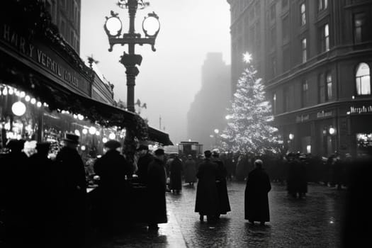 A bustling street market showcases a large Christmas tree amid shoppers and vendors during a foggy evening in the early 20th century.