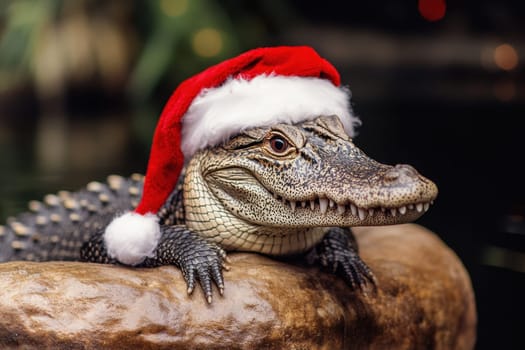 An alligator rests on a rock wearing a festive Santa hat embodying the playful spirit of the holiday season.