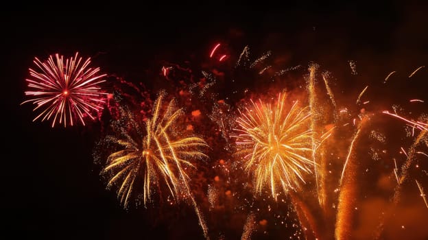 A vibrant fireworks show illuminates the night sky with bursts of red gold and orange creating a festive atmosphere for onlookers.