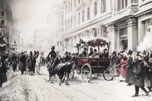A winter parade unfolds down a snowy street featuring a decorated carriage and large gathering of onlookers in 19th century attire.