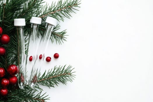 Clear test tubes with trim sit among festive red ornaments and evergreen branches creating a seasonal holiday display.