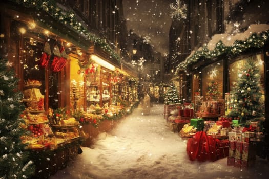 A charming winter market illuminated by warm lights adorned with festive decorations surrounded by snow on a December evening.
