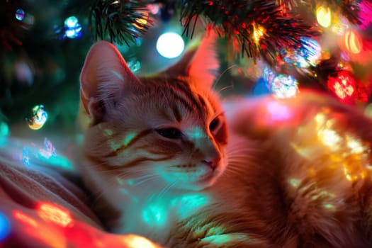 A ginger cat is lounging contentedly beneath a brightly lit Christmas tree surrounded by colorful shimmering lights.