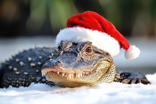 A crocodile lounges in the snow while donning a festive Santa hat creating a whimsical and holiday themed atmosphere.