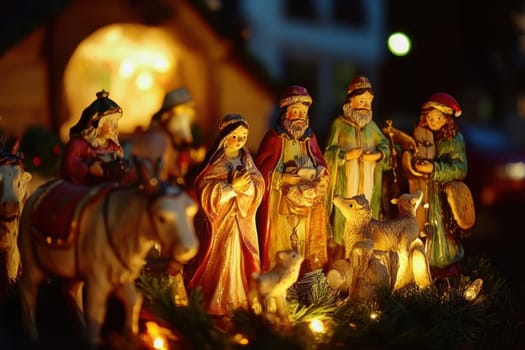 A beautifully crafted nativity scene featuring figurines illuminated by soft lights creating a warm holiday atmosphere.
