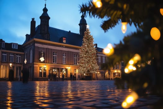 A beautifully lit Christmas tree decorates a charming marketplace creating a festive winter atmosphere during the evening hours.
