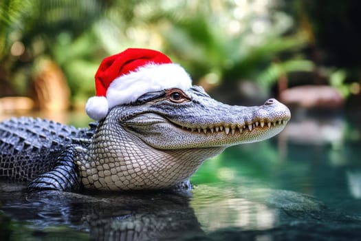 A crocodile swims in a serene tropical environment sporting a festive Santa hat atop its head celebrating the holiday season.