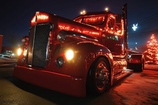 A striking red truck adorned with vibrant lights is parked at night showcasing its festive decorations against a winter backdrop.
