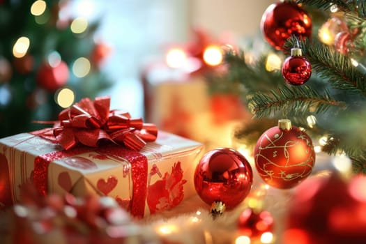A cozy arrangement of red ornaments and presents beneath a sparkling Christmas tree creating a festive holiday atmosphere.